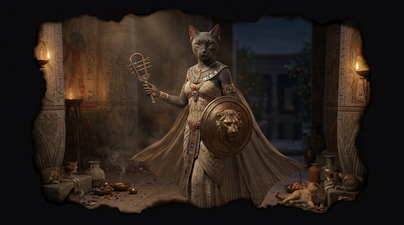 Bastet: Mujer con cabeza de gata, sistro y escudo de leona