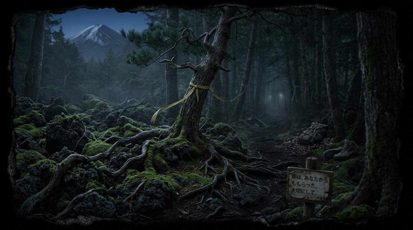 Ilustración de Bosque de Aokigahara (lugares malditos o sagrados · bosques, islas y montañas)