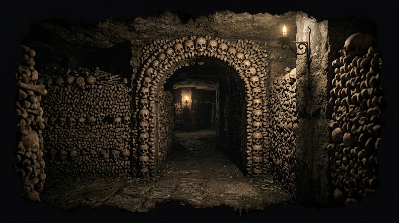 Ilustración de Catacumbas de París (lugares malditos o sagrados · cementerios, catacumbas y pueblos fantasma)