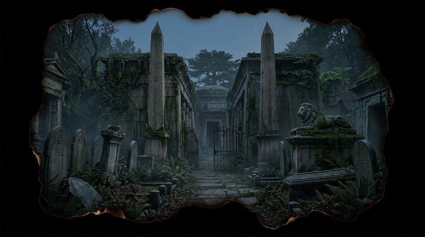 Illustration of Highgate Cemetery (cursed or sacred places · cemeteries, catacombs, and ghost towns)