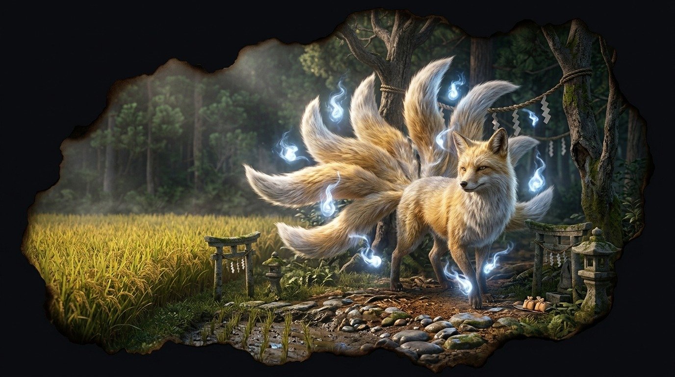 Ilustración de Kitsune (bestiario de asia oriental)
