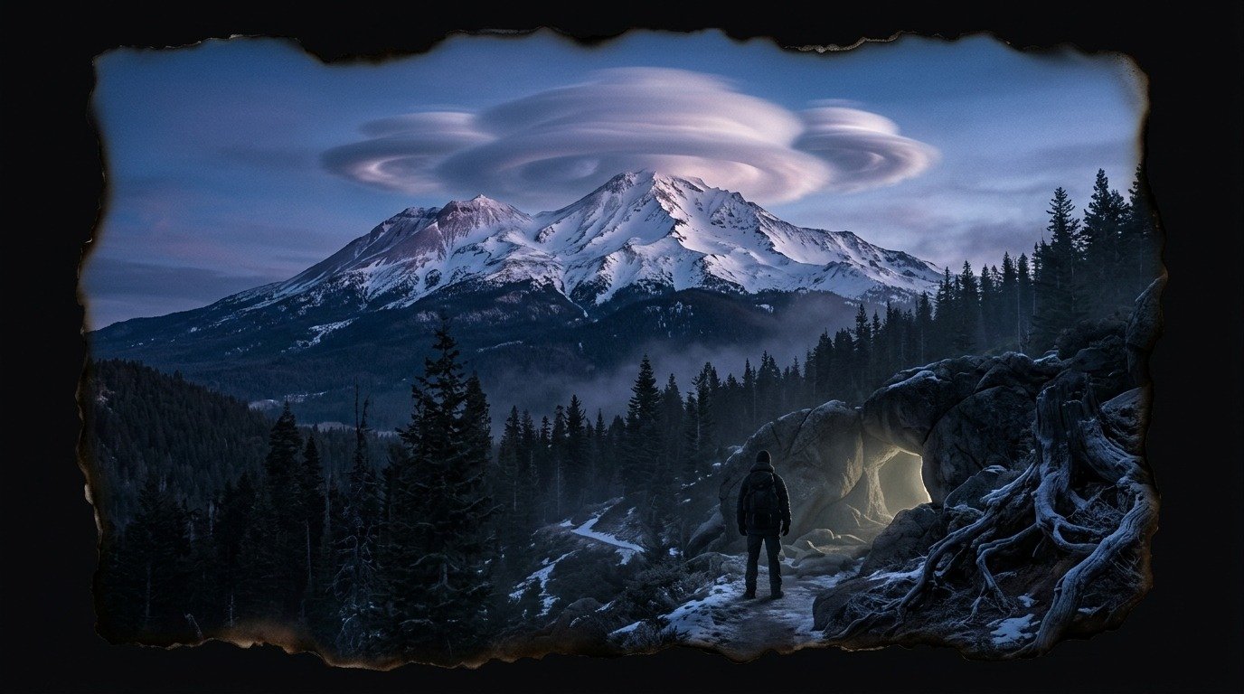 Ilustración de Monte Shasta (lugares malditos o sagrados · bosques, islas y montañas)