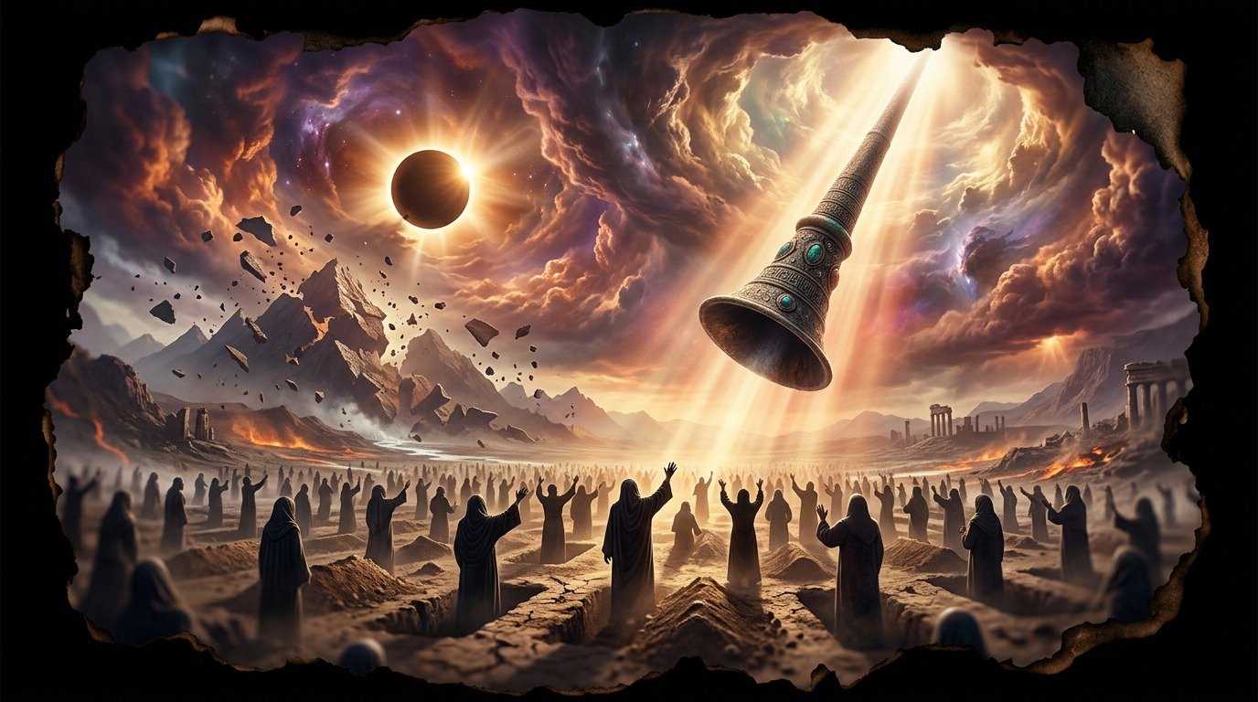 Ilustración de Qiyamah (profecías y escatología · el fin del mundo en las religiones)