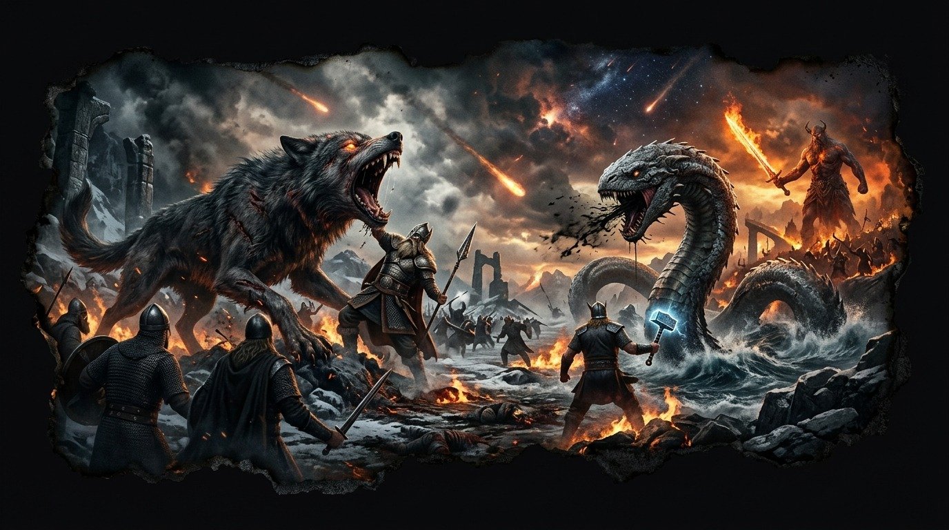 Ilustración de Ragnarök (profecías y escatología · el fin del mundo en las religiones)